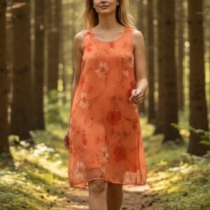 Fiorlini Sheer Orange Floral Sleeveless Scoop Neck Fully Lined Shift Dress Sz 20